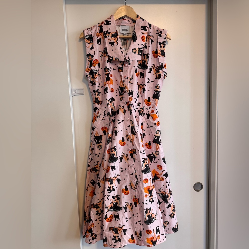 Purple Pin-Up Witch Cotton Shirt Dress Unique Vintage - Picture 1 of 9